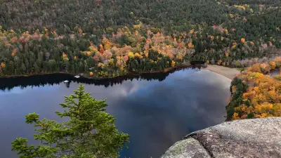 Echo Lake in Acadia seen from Beech Cliff Trail in autumn