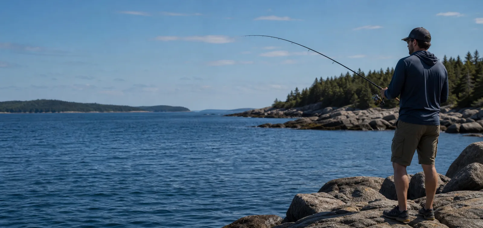 Angler casting from a rocky Maine shoreline