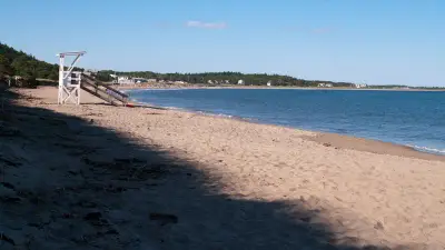 The wide sand sweep of Popham Beach State Park, Maine, meeting calm ocean water below a forested point