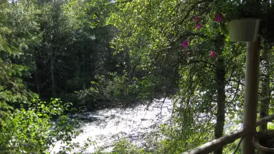 Rapid River rapids glimpsed through trees from Forest Lodge in Upton.